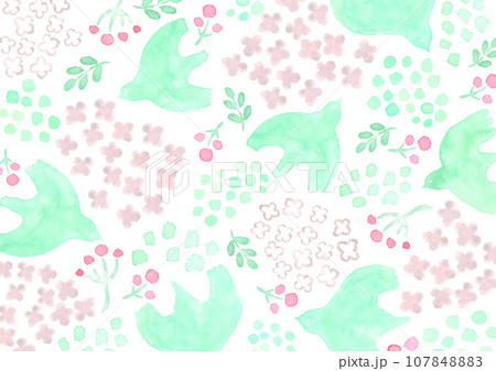 水彩で描いた北欧風の鳥と植物の模様 107848883