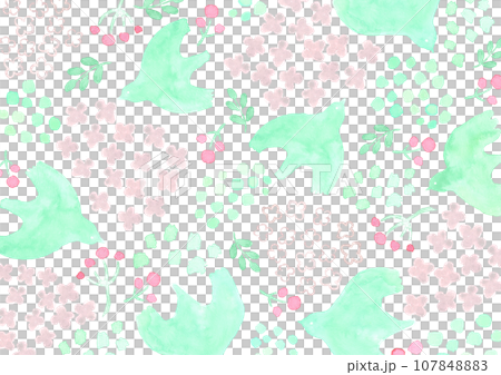 水彩で描いた北欧風の鳥と植物の模様 107848883