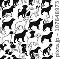たくさんの犬に描かれたモノクロのパターンイラスト 107848973