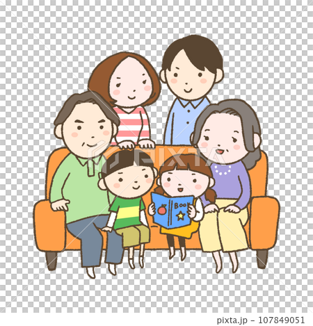 Three generations family with a smile sitting on the sofa 107849051