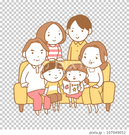 Three generations family with a smile sitting on the sofa 107849052
