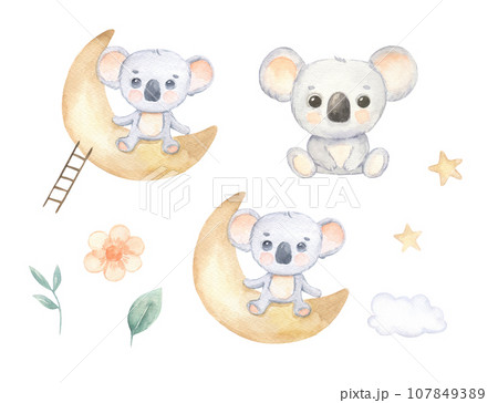 Cute koala on crescent moon, cloud and stars. Funny childish illustration for clothes, fabric, nursery, banner. Hand drawn baby koala isolated on white 107849389
