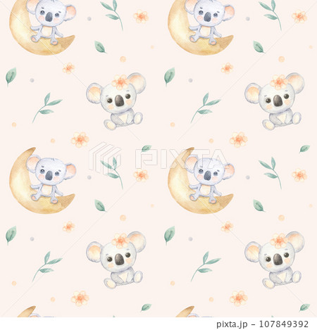Seamless pattern with cute koala on crescent moon. Funny childish background 107849392