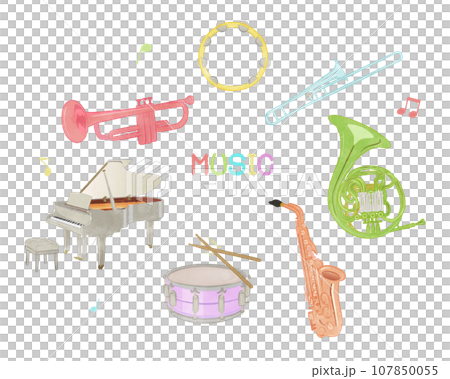 かわいいカラフルな楽器イラストセット かわいいカラフルな楽器イラストセット 107850055