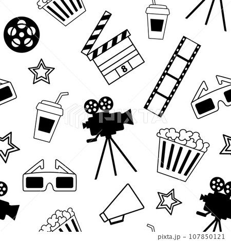 Seamless pattern with cinema objects. Camera, popcorn, film and glasses. Monochrome black and white background. Seamless pattern with cinema objects. Camera, popcorn, film and glasses. Monochrome black and white background. 107850121