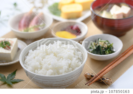 和食の朝ごはん 俯瞰撮影(朝食イメージ)みょうが、お豆腐の味噌汁 卵焼き おひたし 漬物 日本食 和食の朝ごはん 俯瞰撮影(朝食イメージ)みょうが、お豆腐の味噌汁 卵焼き おひたし 漬物 日本食 107850163