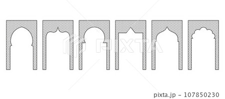 Islamic frame with arch and ornament. Ramadan gate on geometric background for wedding invitation design. Vector oriental decorations set. 107850230