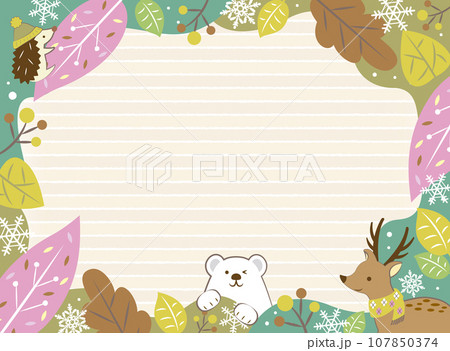 冬の植物とかわいい動物のフレーム 107850374