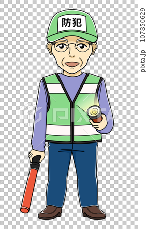誘導棒と懐中電灯を持つ防犯ボランティアの男性 誘導棒と懐中電灯を持つ防犯ボランティアの男性 107850629