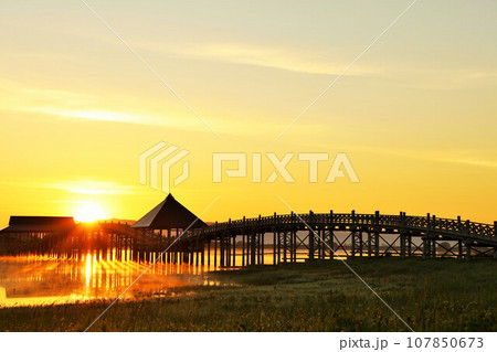 青森県　夜明けの太陽と鶴の舞橋 107850673