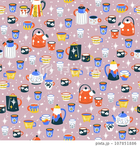 Seamless pattern with dishcloths. Decor kitchen textile, wrapping paper, wallpaper design. Print for fabric. Cozy hot drinks ceramics, cozy background. Cartoon flat style vector concept Seamless pattern with dishcloths. Decor kitchen textile, wrapping paper, wallpaper design. Print for fabric. Cozy hot drinks ceramics, cozy background. Cartoon flat style vector concept 107851886