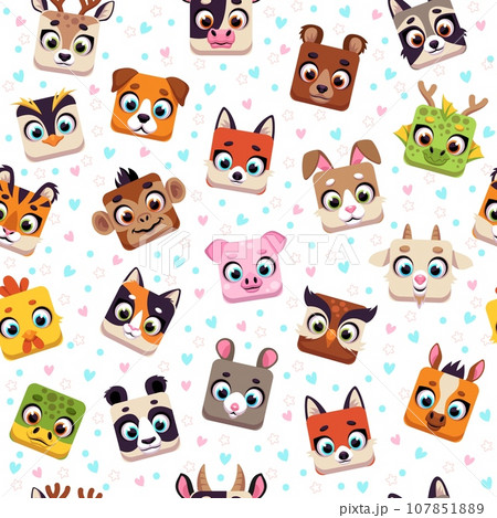 Seamless pattern with animals. Wildlife and domestic square characters. Childish textile, wrapping paper, wallpaper design. Print for fabric. Cartoon flat style isolated vector concept 107851889