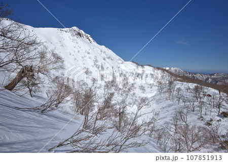 甲子旭岳南側尾根から山頂と東側斜面、坊主沼避難小屋を見る 107851913