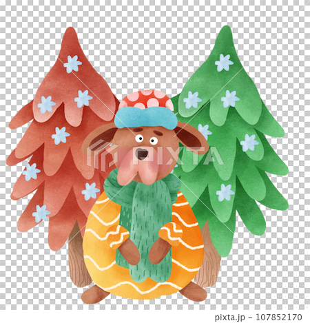 Cartoon dog character and 2 trees 107852170