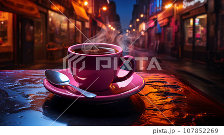 ピンクカップの魔法のコーヒーと湯気 / 街灯の暖かいオレンジ色の光 Generative Ai 107852269