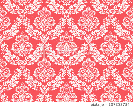 Wallpaper in the style of Baroque. Seamless background. White and pink floral ornament. Graphic pattern for fabric, wallpaper, packaging. Ornate Damask flower ornament 107852784