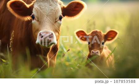 A rural scene with a cow and a calf in a green meadow 107853588