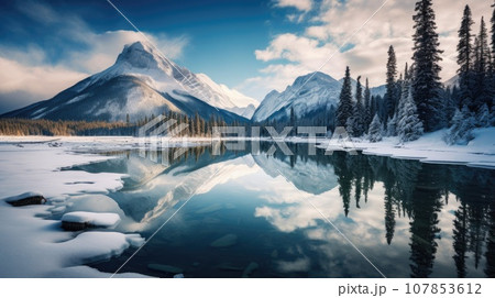 Winter landscape of snowy mountains with lake and pine trees 107853612