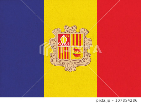 Flag of Andorra. Andorra flag on fabric surface. Andorian national flag Flag of Andorra. Andorra flag on fabric surface. Andorian national flag 107854286