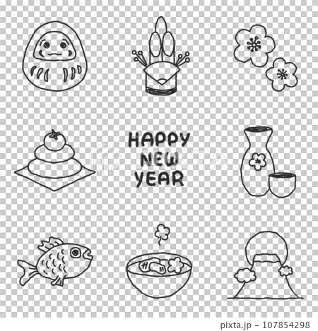 正月 冬 モノクロ イラストセット 正月 冬 モノクロ イラストセット 107854298