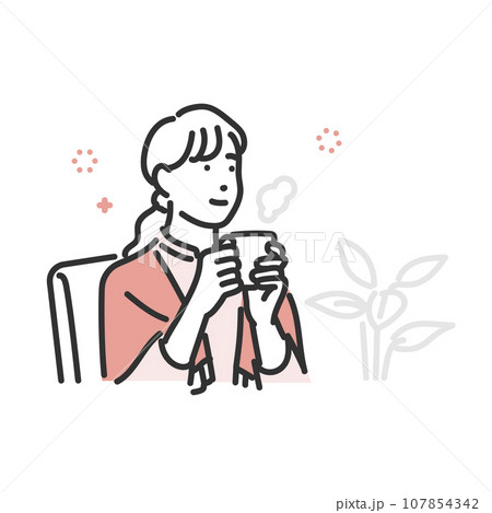 リラックスして暖かい飲み物を飲む女性のシンプルな線画イラスト 107854342