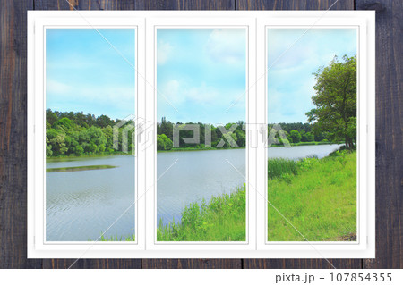 office panoramic windows with view to the river 107854355