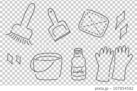 ゆるめシンプル掃除道具セット 線画 ゆるめシンプル掃除道具セット 線画 107854582