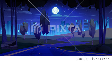Night road to city in forest landscape background 107854627