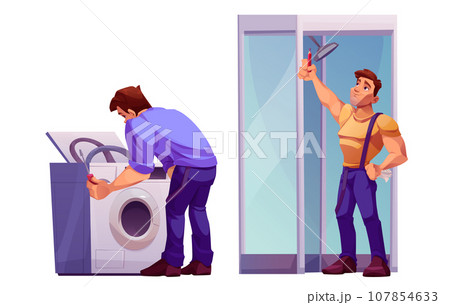Plumber worker service repair bathroom at home 107854633