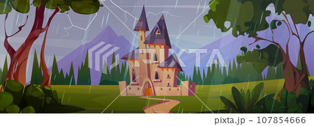 Rain and thunder in forest castle landscape scene 107854666