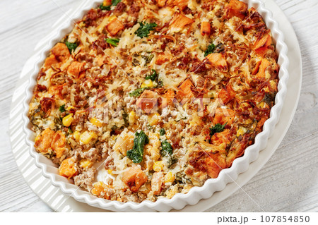 Sausage Hash Brown Breakfast Casserole, top view 107854850