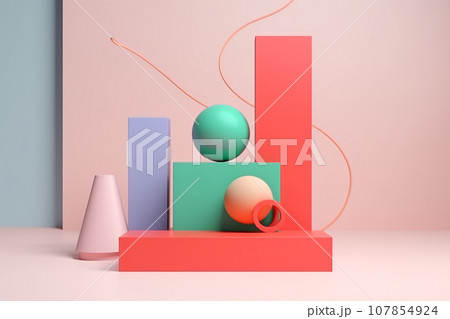 3D Podium Decoration with Colorful Geometric Object Composition 107854924