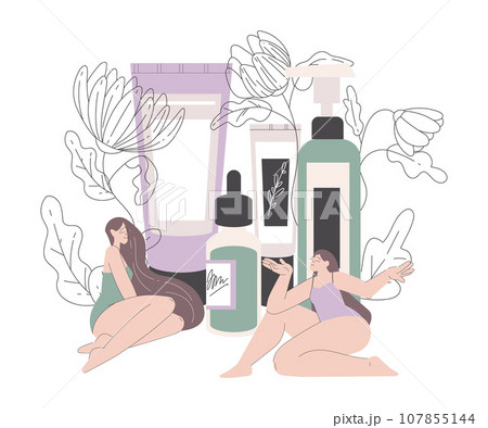 Beauty Care with Young Woman Among Cream and Lotion Bottle with Line Flower Vector Illustration 107855144