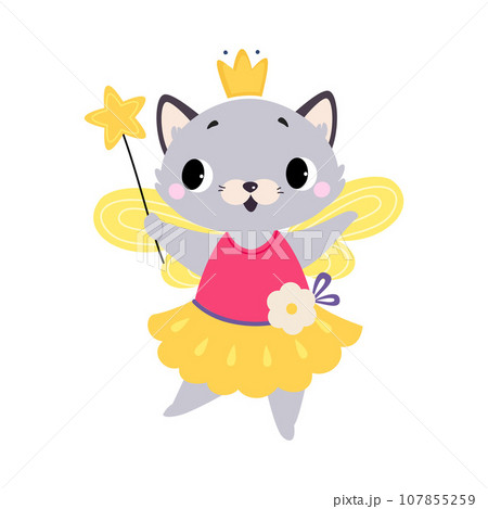 Cat Animal Fairy in Pretty Dress with Magic Wand and Wings Vector Illustration Cat Animal Fairy in Pretty Dress with Magic Wand and Wings Vector Illustration 107855259