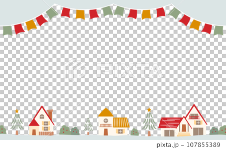 おしゃれなクリスマスやホリデーシーズンのコピースペースのある雪のふる冬の街並み_ベクターフレーム背景 107855389