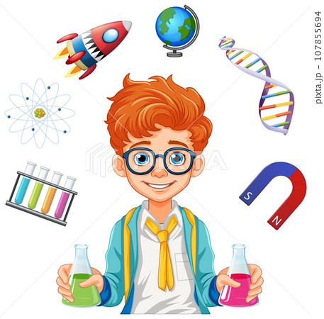 Male student cartoon holding conical flask on science class experiment 107855694