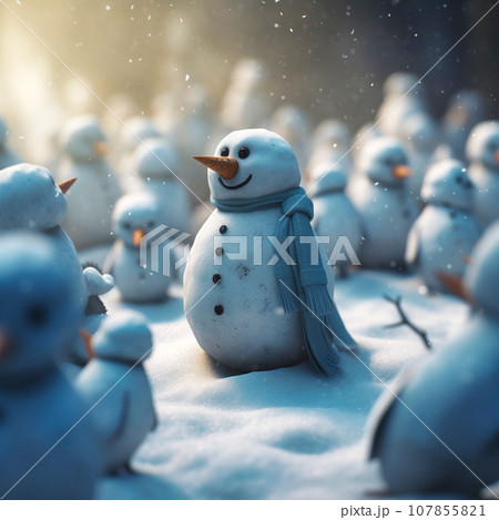 A snowman standing out in a snowstorm in winter 107855821