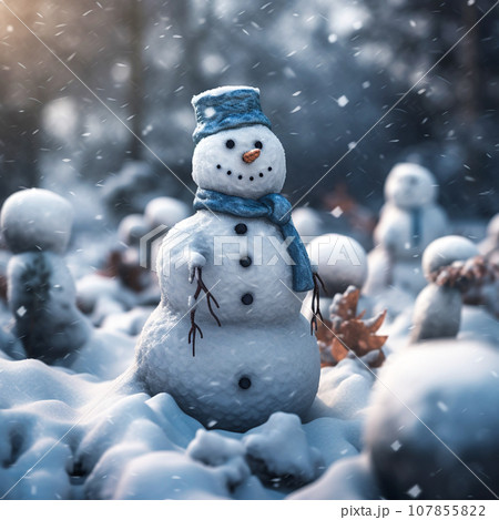 A snowman standing out in a snowstorm in winter A snowman standing out in a snowstorm in winter 107855822
