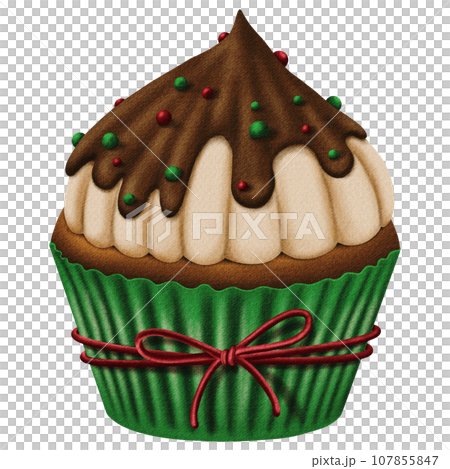 Cute realistic christmas cupcake with red bow and glaze balls chocolate Cute realistic christmas cupcake with red bow and glaze balls chocolate 107855847