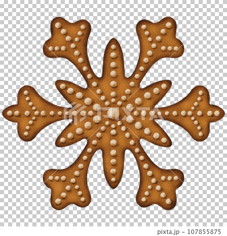 Cute Christmas gingerbread snowflake with white glaze balls Cute Christmas gingerbread snowflake with white glaze balls 107855875