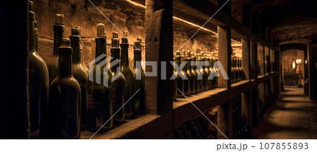 A row of wine bottles lying in a wine cellar 107855893