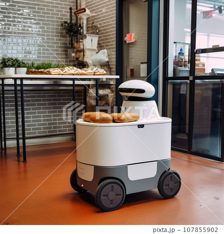 Autonomous robots deliver food to customers, Smart artificial intelligence technology concept 107855902