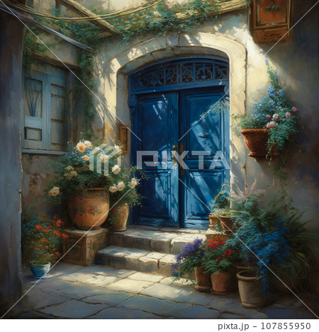 vintage blue front door. there are flowers nearby vintage blue front door. there are flowers nearby 107855950