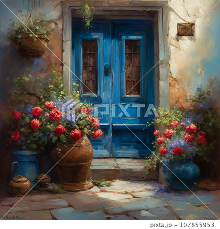 vintage blue front door. there are flowers nearby 107855953