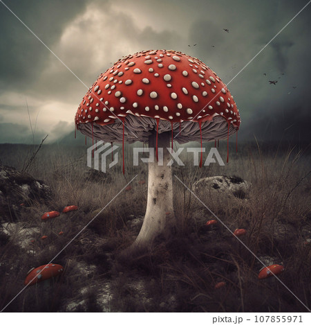Lonely amanita mushroom close-up 107855971