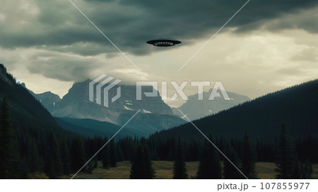 A large UFO flies over the rocky mountains A large UFO flies over the rocky mountains 107855977