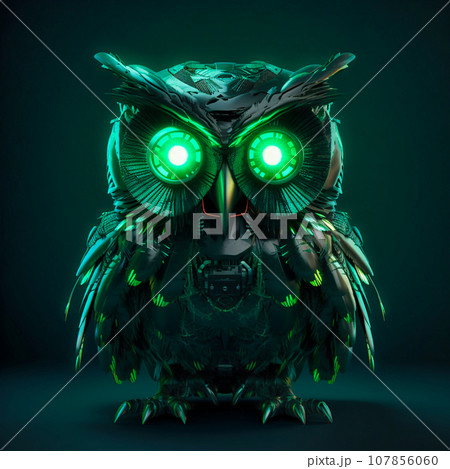 A cyber punk owl with green glowing eyesのイラスト素材