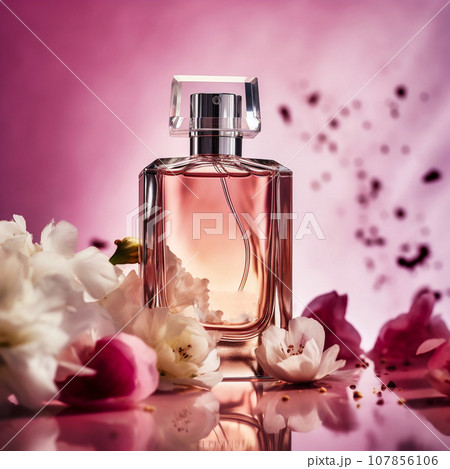Still life with a bottle of perfume on a pink background Still life with a bottle of perfume on a pink background 107856106