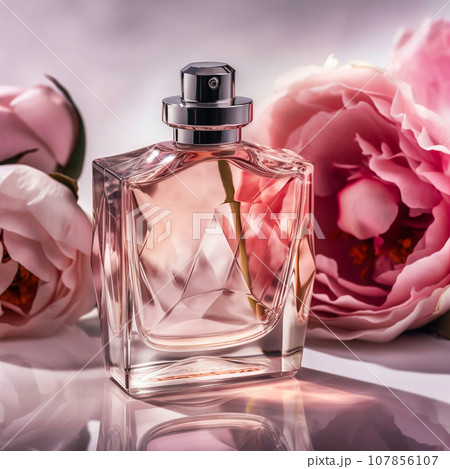 Still life with a bottle of perfume on a pink background 107856107