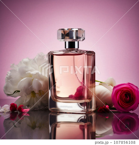 Still life with a bottle of perfume on a pink background Still life with a bottle of perfume on a pink background 107856108